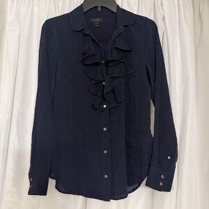 J.Crew Womens Navy Long-Sleeve Ruffle Front Blouse Size 0